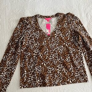 Lilly Pulitzer Brown White Leopard Print Long Sleeve Top